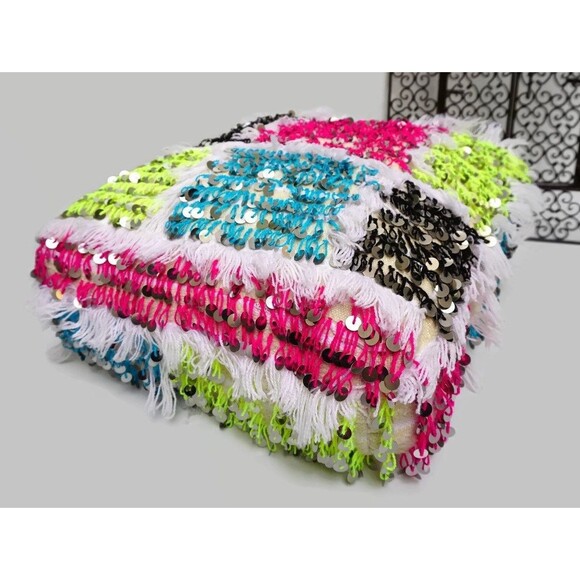 Handmade Moroccan Handira Pouf: Berber Wedding Blanket Ottoman 03YL0464 - Picture 1 of 6